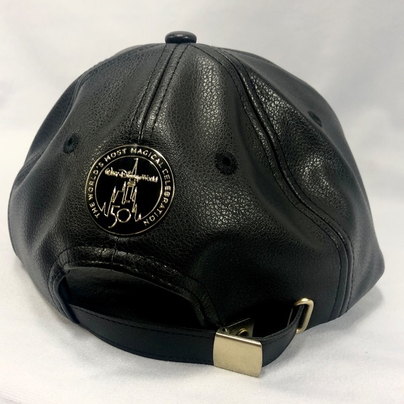Walt Disney World 50th Anniversary Logo Black Baseball Cap Hat Faux Leather NEW - Picture 2 of 4